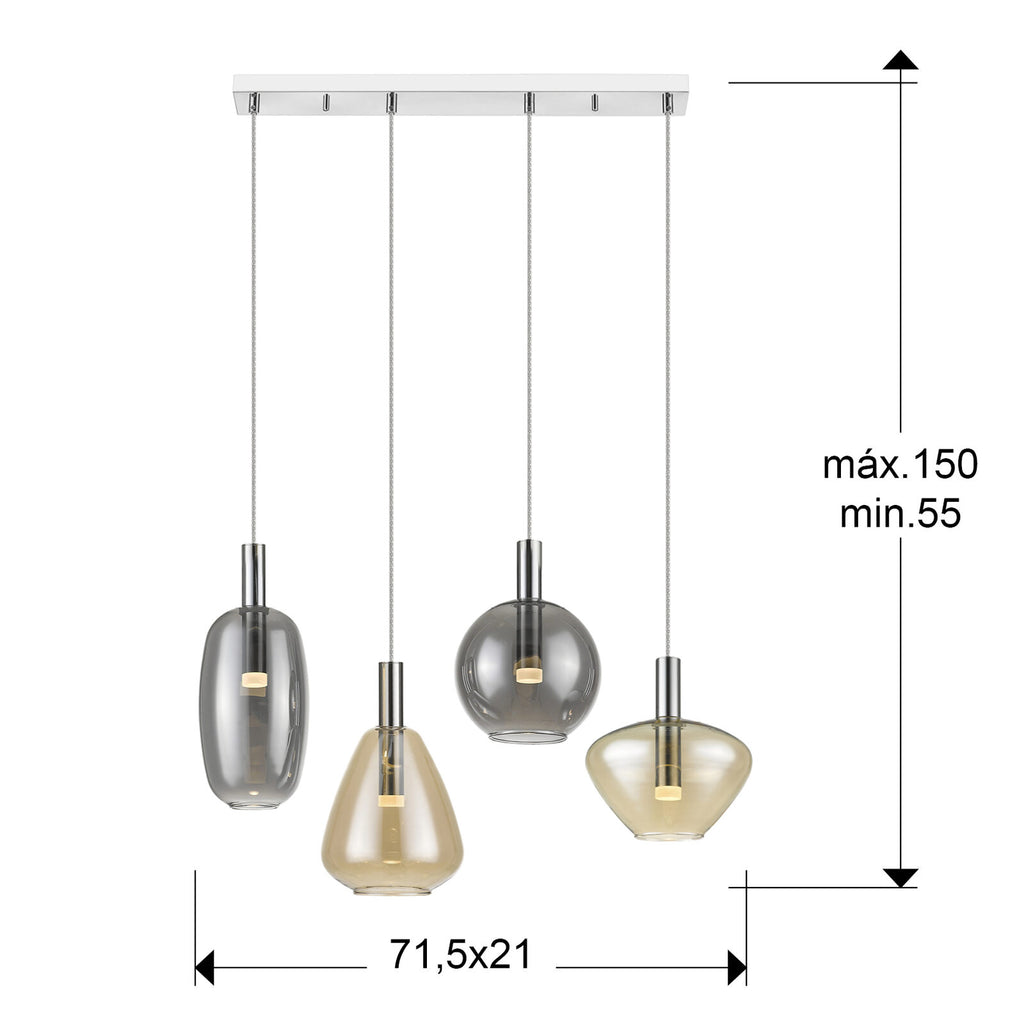 Lámpara de techo Nara 4 luces cromo ámbar y smoke (i3) - medidas