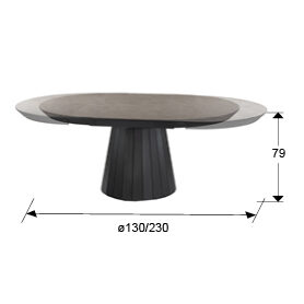 Mesa de comedor extensible Koria redonda Ø130-230 piedra y negro - medidas