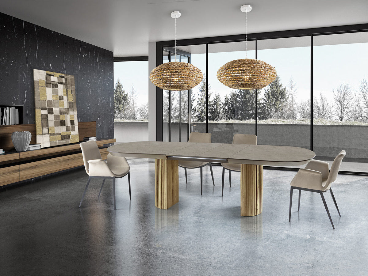 Mesa de comedor extensible Irati 205-286 piedra y madera