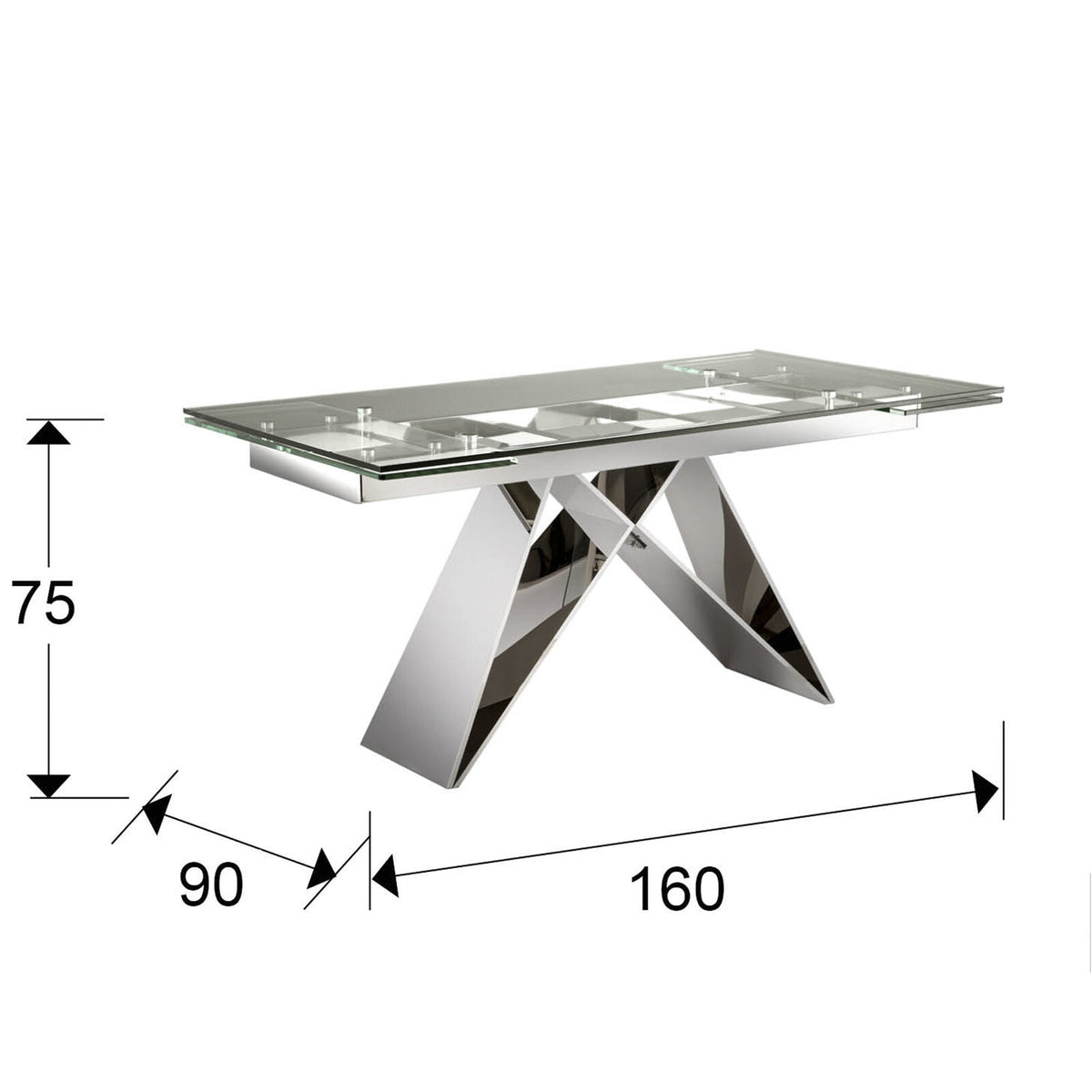 Mesa de comedor extensible Mika 160-220 acero brillo - medidas