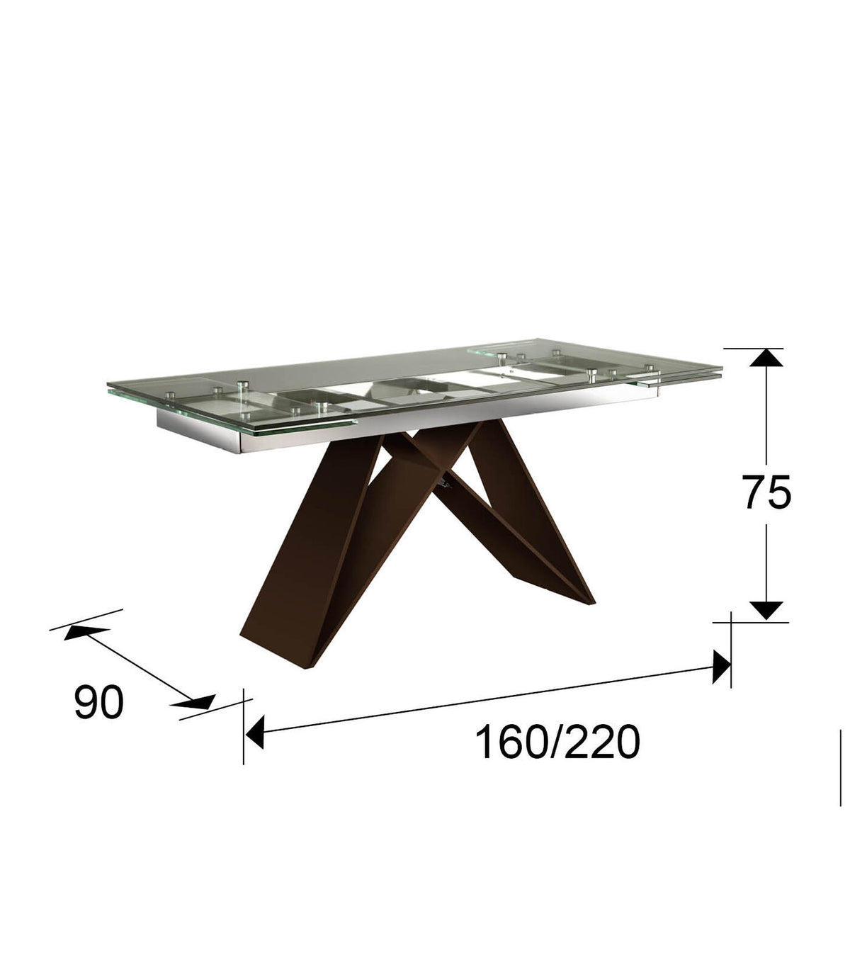 Mesa de comedor extensible Mika 160-220 acero y marrón - medidas