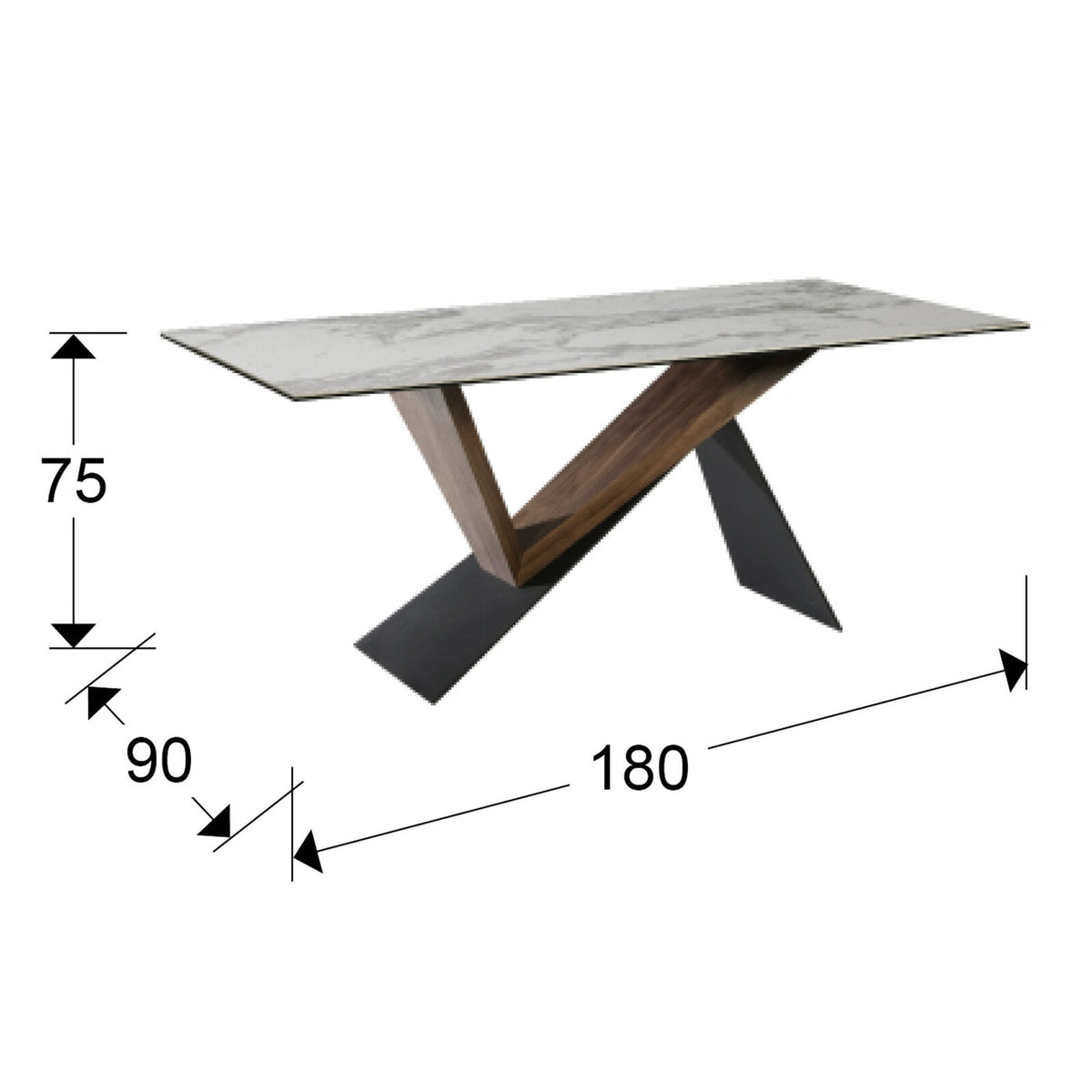Mesa de comedor Noa 180 × 90 negro nogal y mármol blanco - medidas