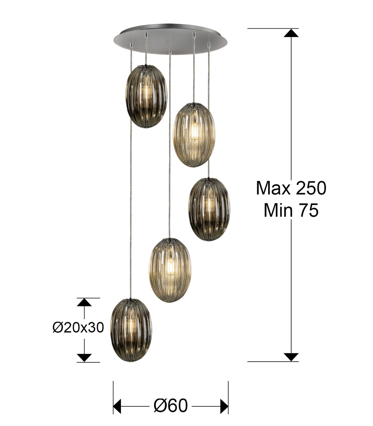 Lámpara de techo Ovila 5 luces cromo, smoke y coñac - medidas
