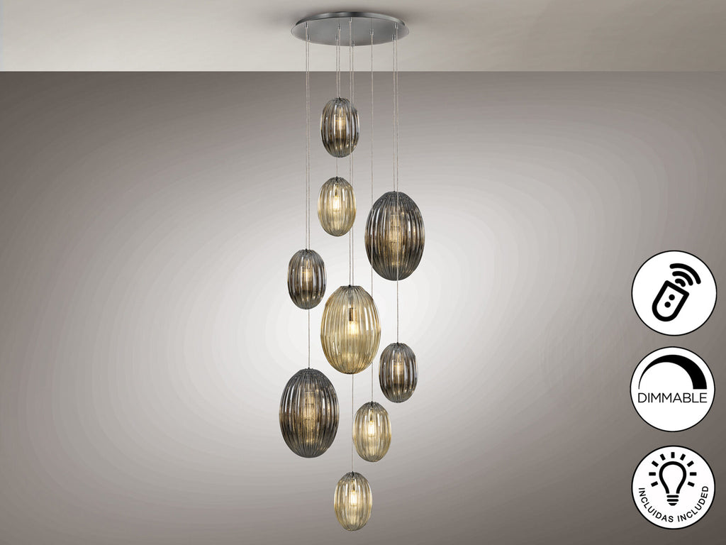 Lámpara de techo Ovila 9 luces cromo, smoke y coñac dimable