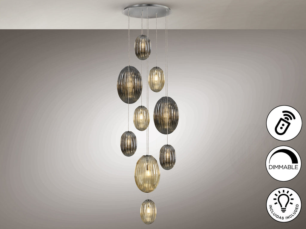 Lámpara de techo Ovila 9 luces cromo, smoke y coñac dimable
