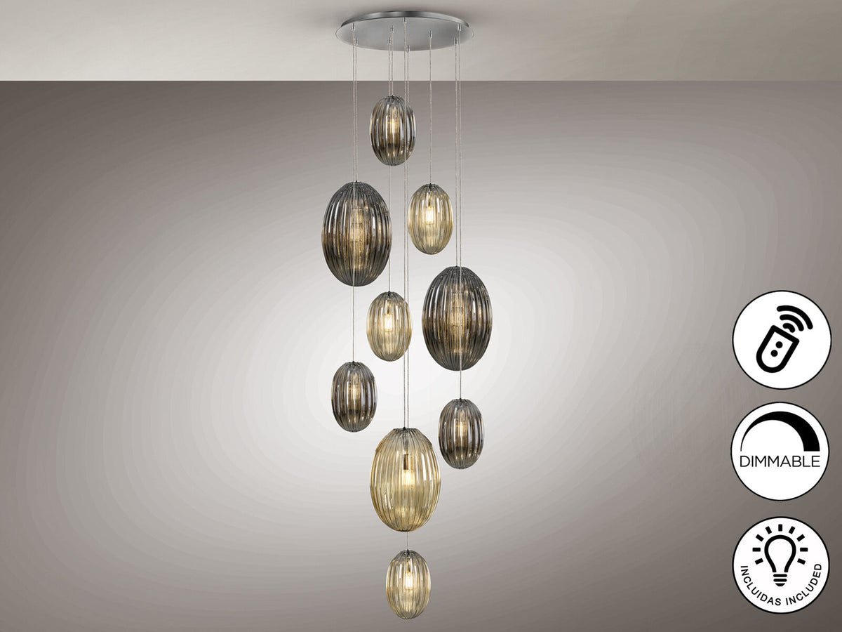 Lámpara de techo Ovila 9 luces cromo, smoke y coñac dimable