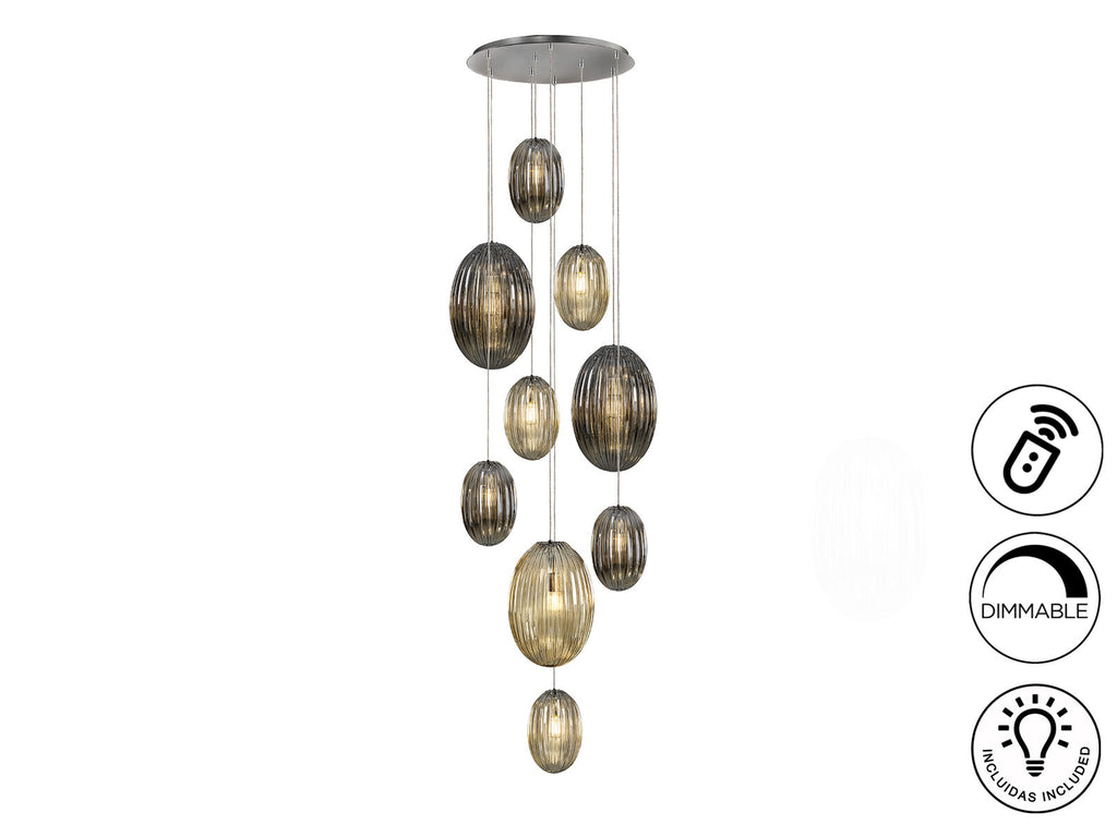 Lámpara de techo Ovila 9 luces cromo, smoke y coñac dimable