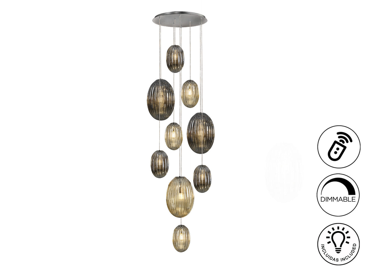 Lámpara de techo Ovila 9 luces cromo, smoke y coñac dimable