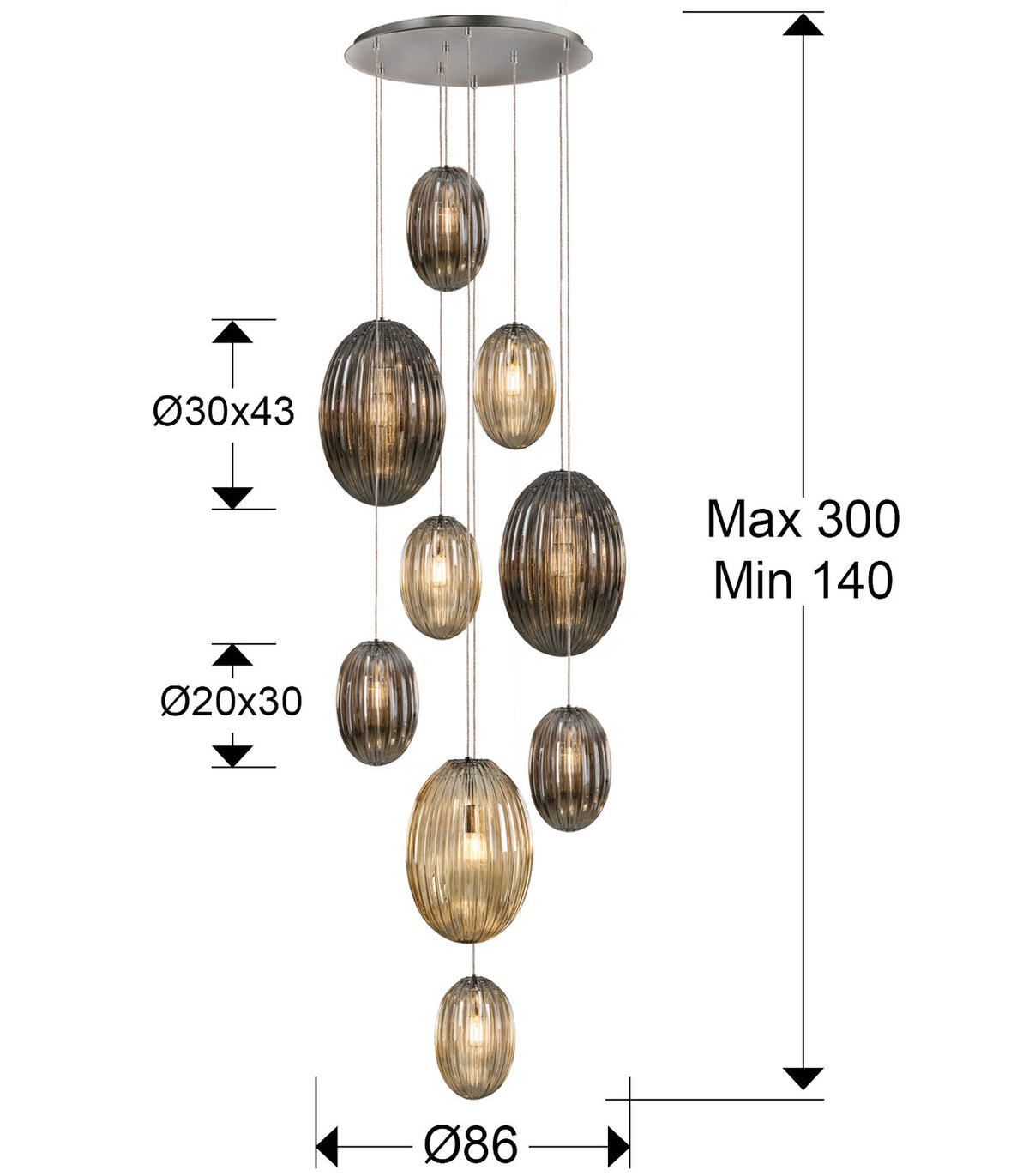Lámpara de techo Ovila 9 luces cromo, smoke y coñac dimable - medidas