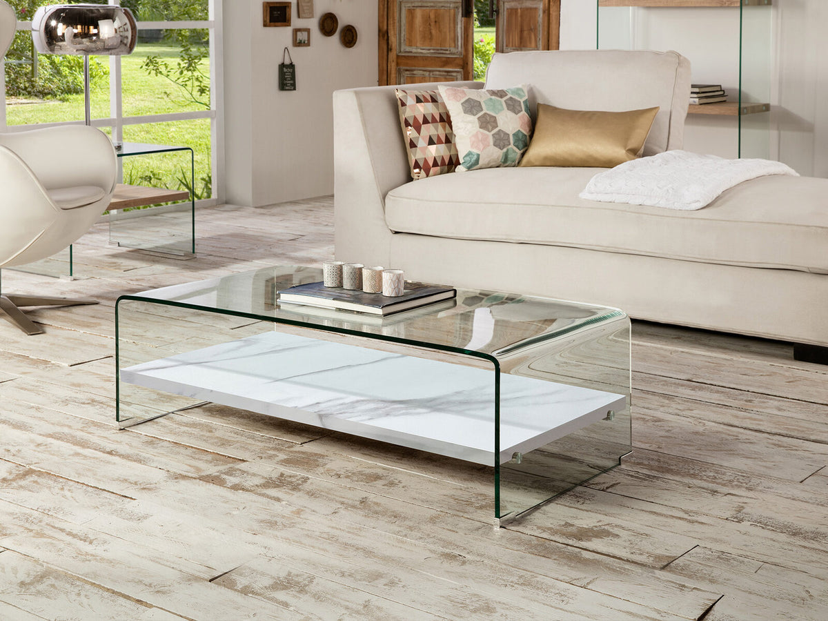 Mesa de centro Sonoma cristal curvado y mármol blanco