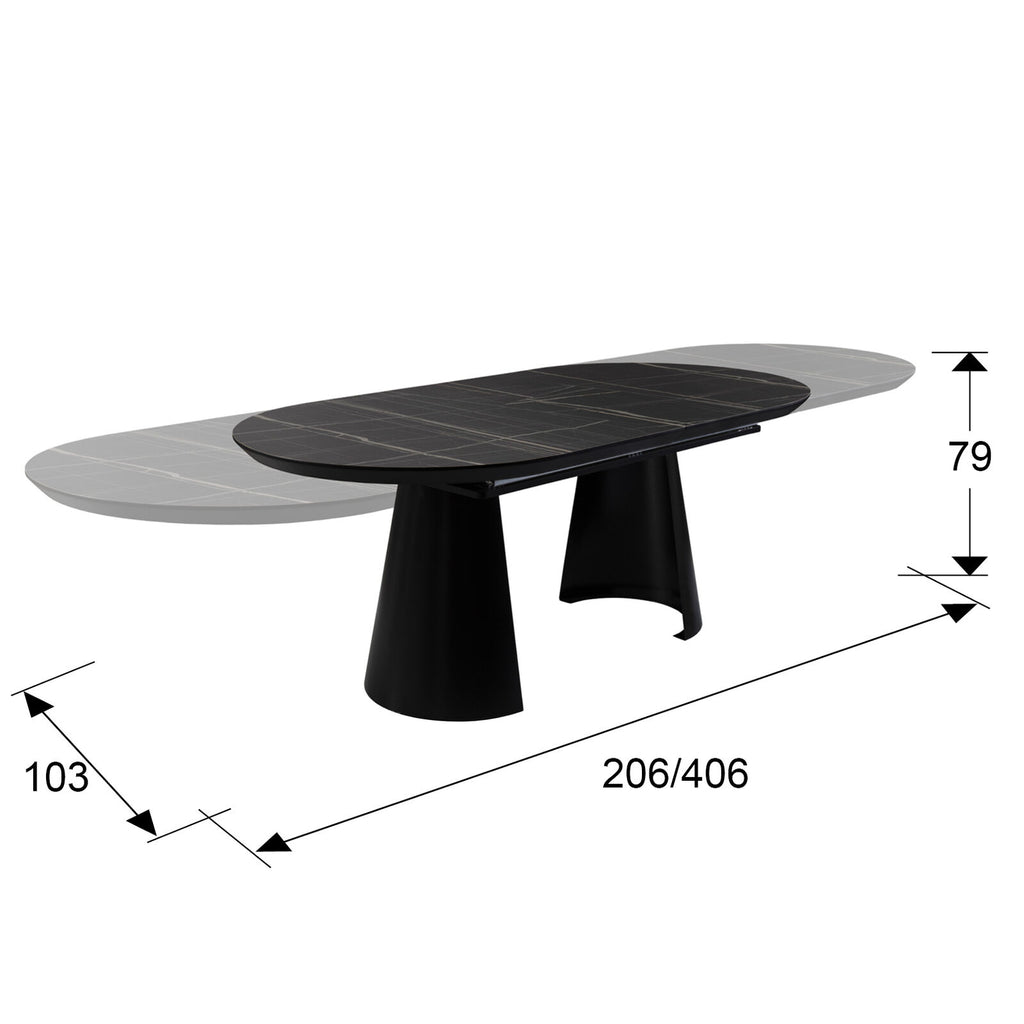 Mesa de comedor extensible Capri 205-405 negro y mármol negro - medidas