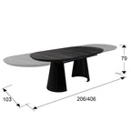 Mesa de comedor extensible Capri 205-405 negro y mármol negro - medidas