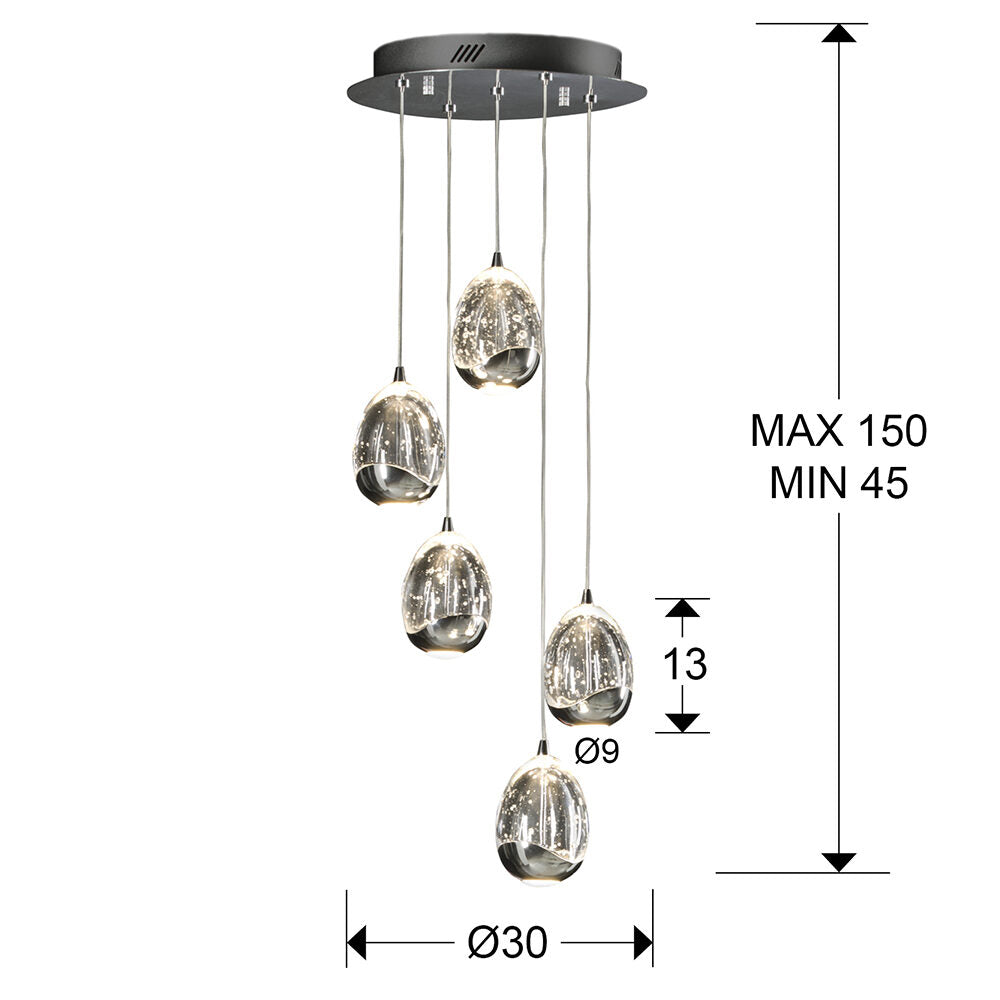 Lámpara de techo Rocío 5 luces Ø30 dimable - medidas