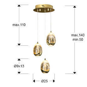 Lámpara de techo Rocío 3 luces Ø25 - medidas