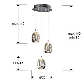 Lámpara de techo Rocío 3 luces Ø25 - medidas