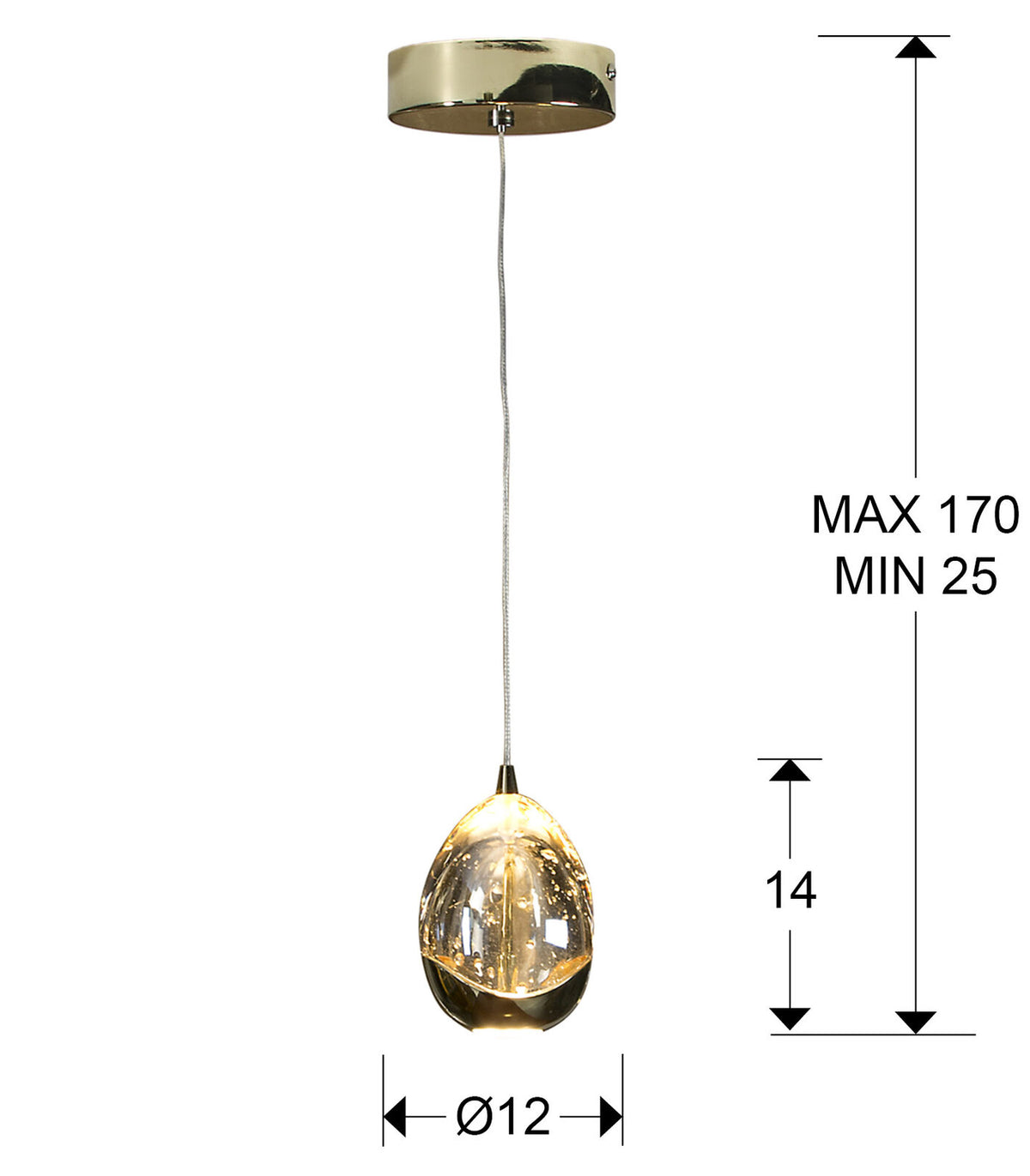 Lámpara colgante Rocío gota de cristal - medidas