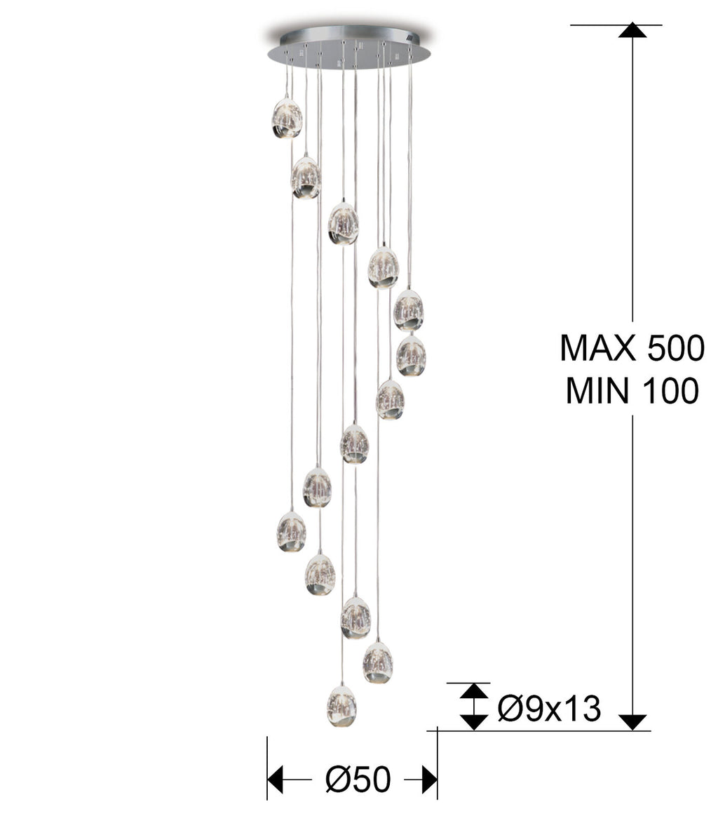 Lámpara de techo grande Rocío 14 luces cromo Ø50 dimable hasta 500 cm - medidas