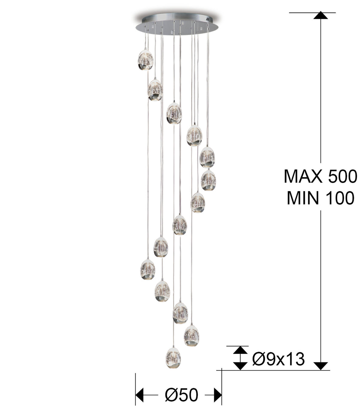 Lámpara de techo grande Rocío 14 luces cromo Ø50 dimable hasta 500 cm - medidas