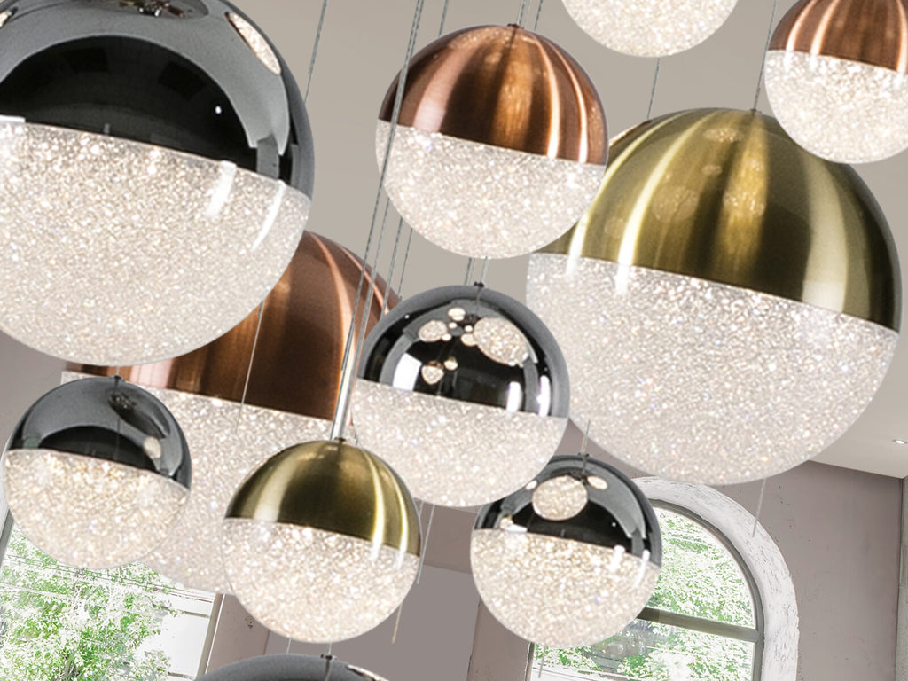 Lámpara de techo grande Sphere 14 luces Ø60 cobre latón y cromo altura 500 cm