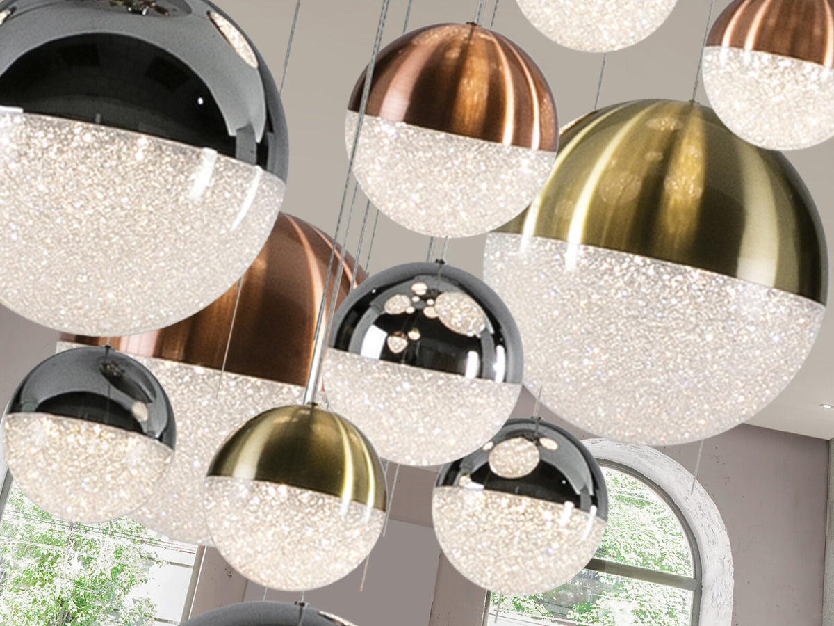 Lámpara de techo grande Sphere 14 luces Ø60 cobre latón y cromo altura 500 cm