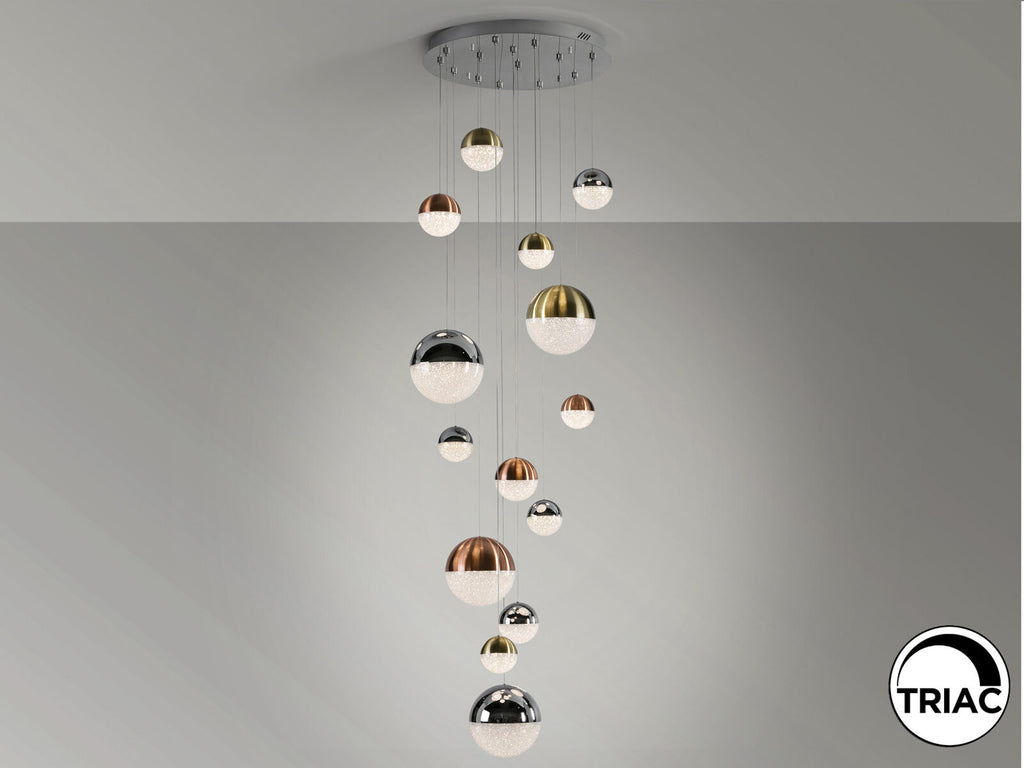 Lámpara de techo grande Sphere 14 luces Ø60 cobre latón y cromo altura 500 cm