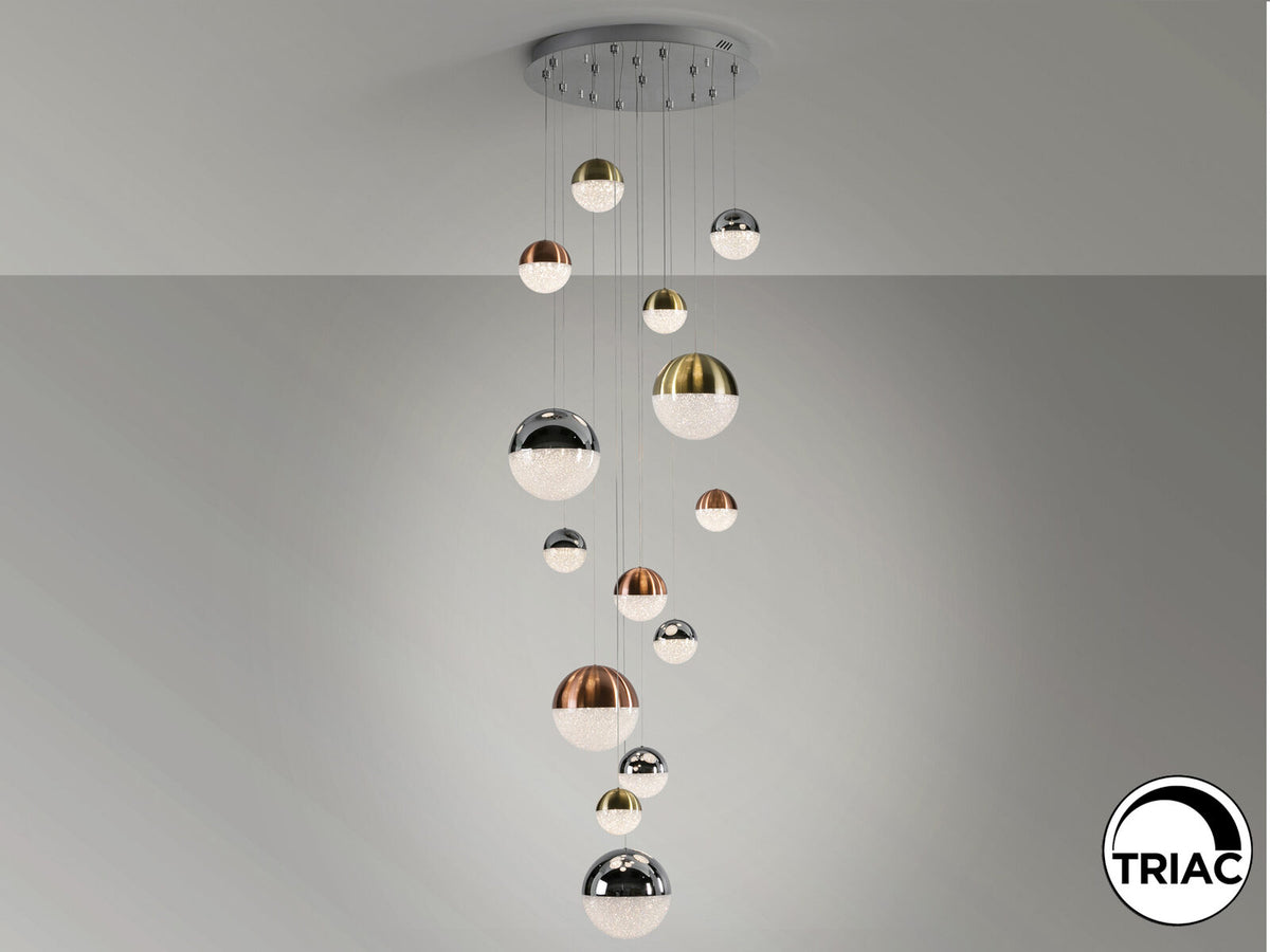 Lámpara de techo grande Sphere 14 luces Ø60 cobre latón y cromo altura 500 cm