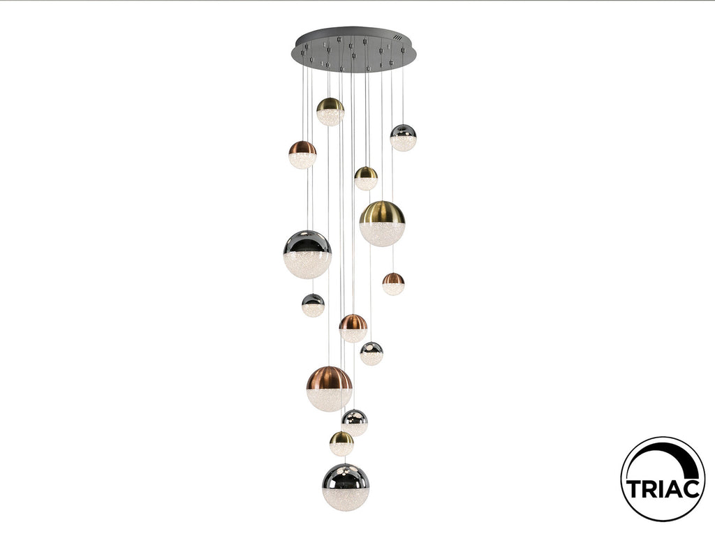 Lámpara de techo grande Sphere 14 luces Ø60 cobre latón y cromo altura 500 cm