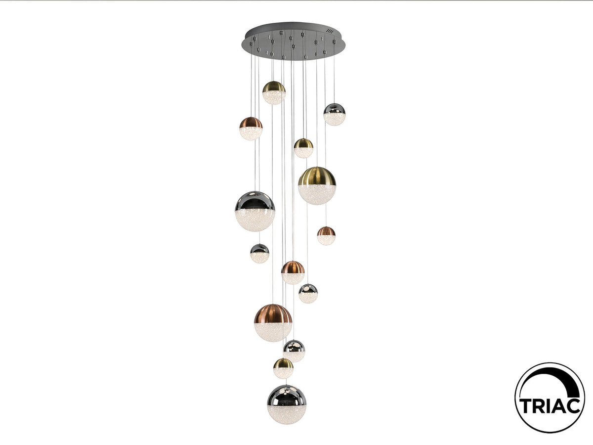 Lámpara de techo grande Sphere 14 luces Ø60 cobre latón y cromo altura 500 cm