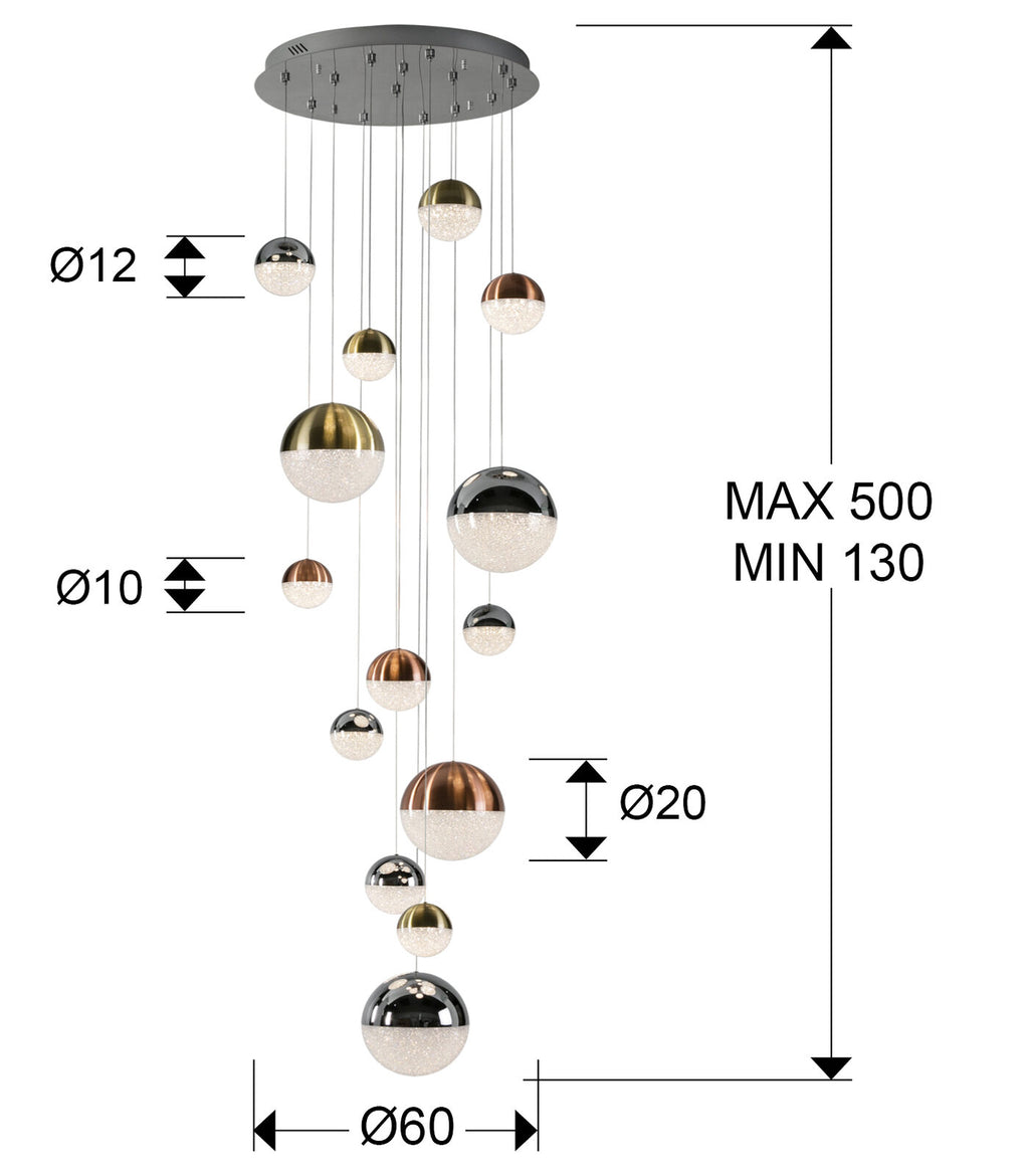 Lámpara de techo grande Sphere 14 luces Ø60 cobre latón y cromo altura 500 cm - medidas