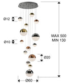 Lámpara de techo grande Sphere 14 luces Ø60 cobre latón y cromo altura 500 cm - medidas