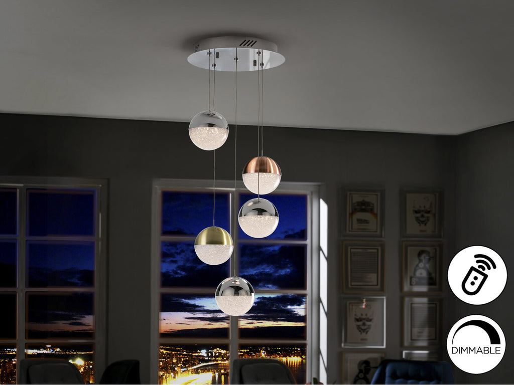 Lámpara de techo Sphere 5 luces cobre, latón y cromo Ø33 dimable