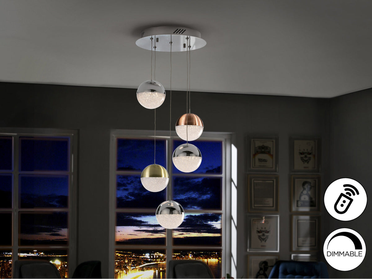 Lámpara de techo Sphere 5 luces cobre, latón y cromo Ø33 dimable