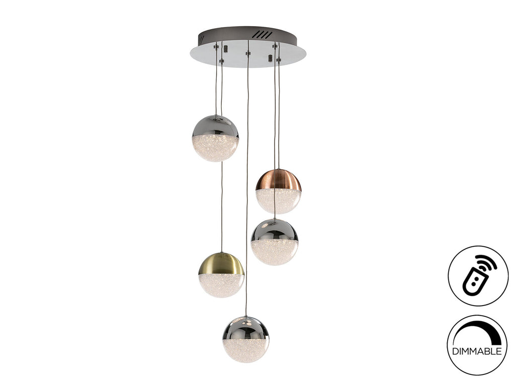 Lámpara de techo Sphere 5 luces cobre, latón y cromo Ø33 dimable