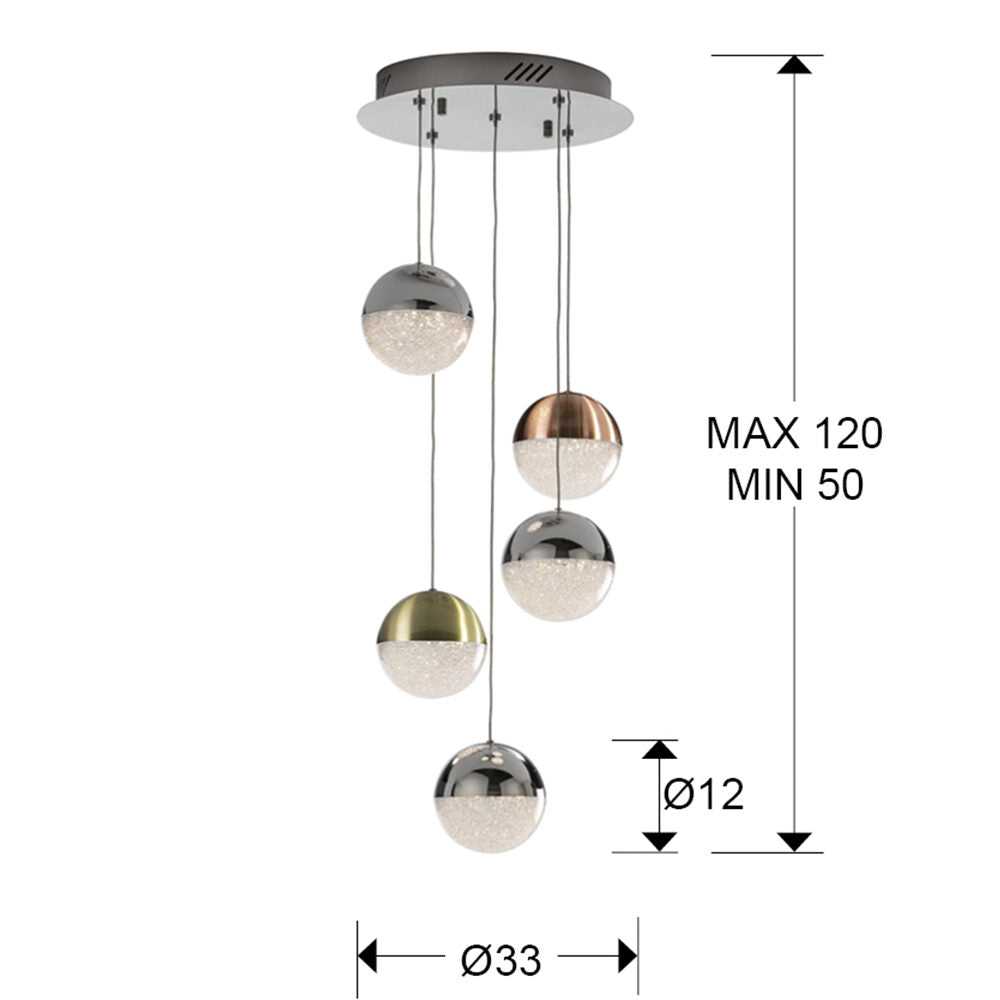 Lámpara de techo Sphere 5 luces cobre, latón y cromo Ø33 - medidas