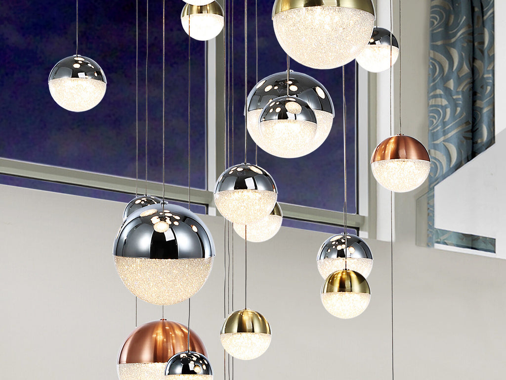 Lámpara de techo grande Sphere 27 luces Ø80 cobre latón y cromo CCT altura 500 cm