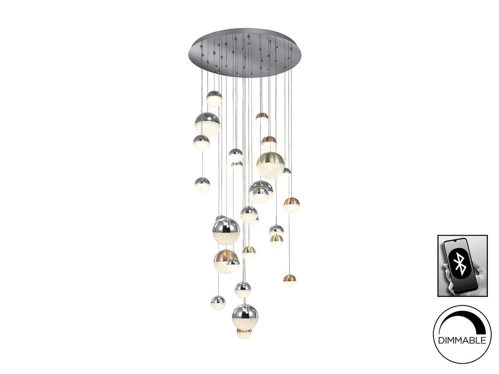Lámpara de techo grande Sphere 27 luces Ø80 cobre latón y cromo CCT altura 500 cm