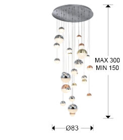 Lámpara de techo grande Sphere 27 luces Ø80 cobre latón y cromo CCT altura 500 cm - medidas