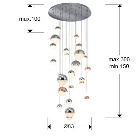 Lámpara de techo grande Sphere 27 luces Ø80 cobre latón y cromo CCT - medidas