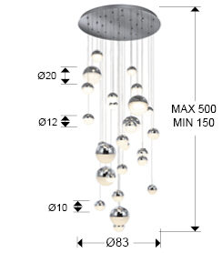 Lámpara de techo grande Sphere 27 luces Ø80 cromo CCT altura 500 cm - medidas
