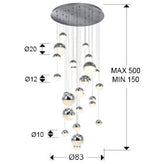 Lámpara de techo grande Sphere 27 luces Ø80 cromo CCT altura 500 cm - medidas