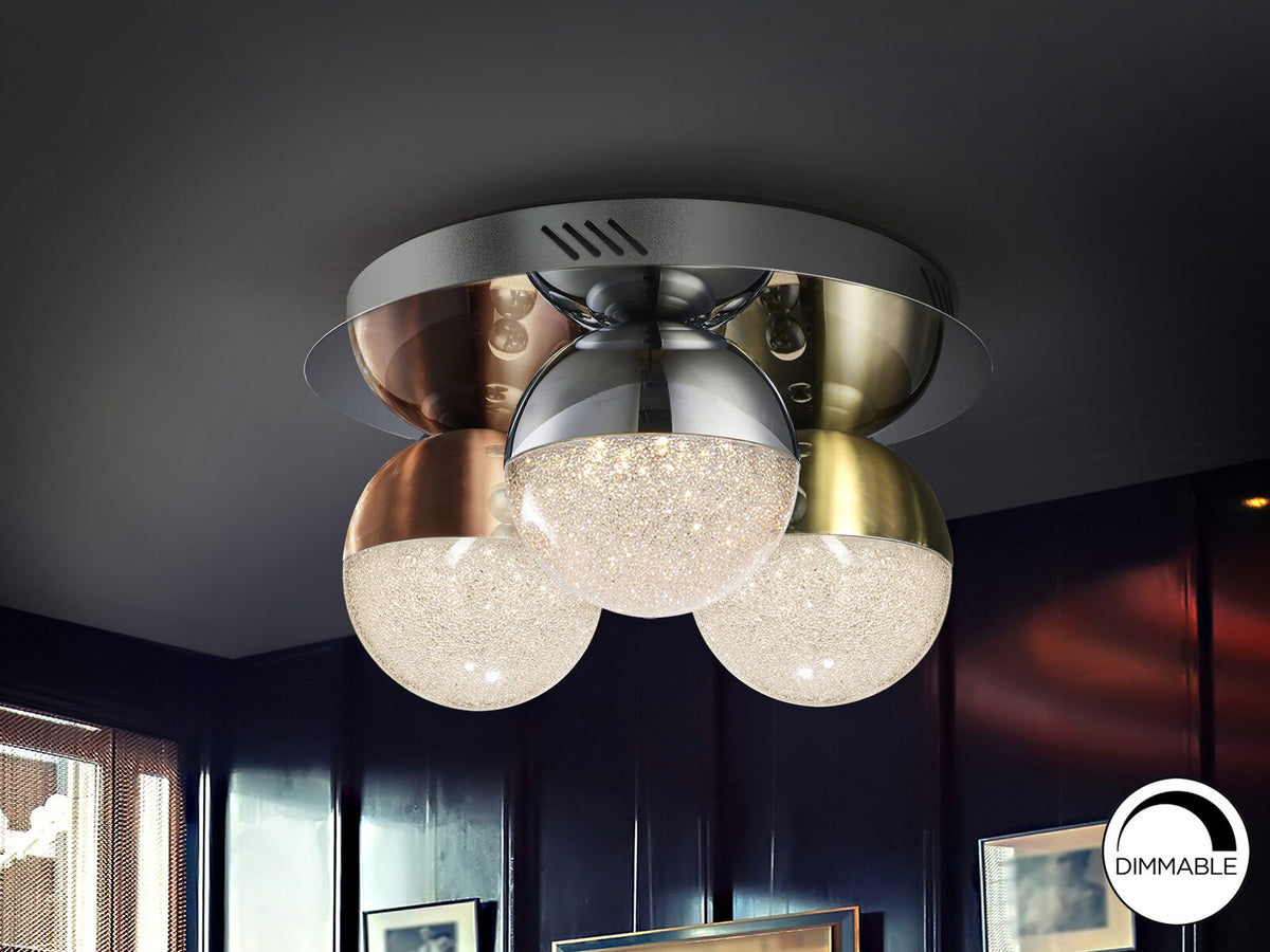 Plafón LED Sphere 3 luces cromo, latón y cobre Ø30 dimable