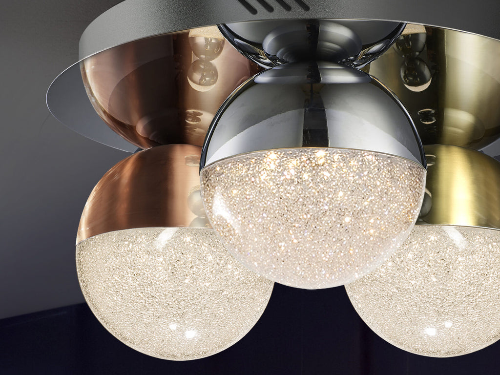 Plafón LED Sphere 3 luces cromo, latón y cobre Ø30 dimable