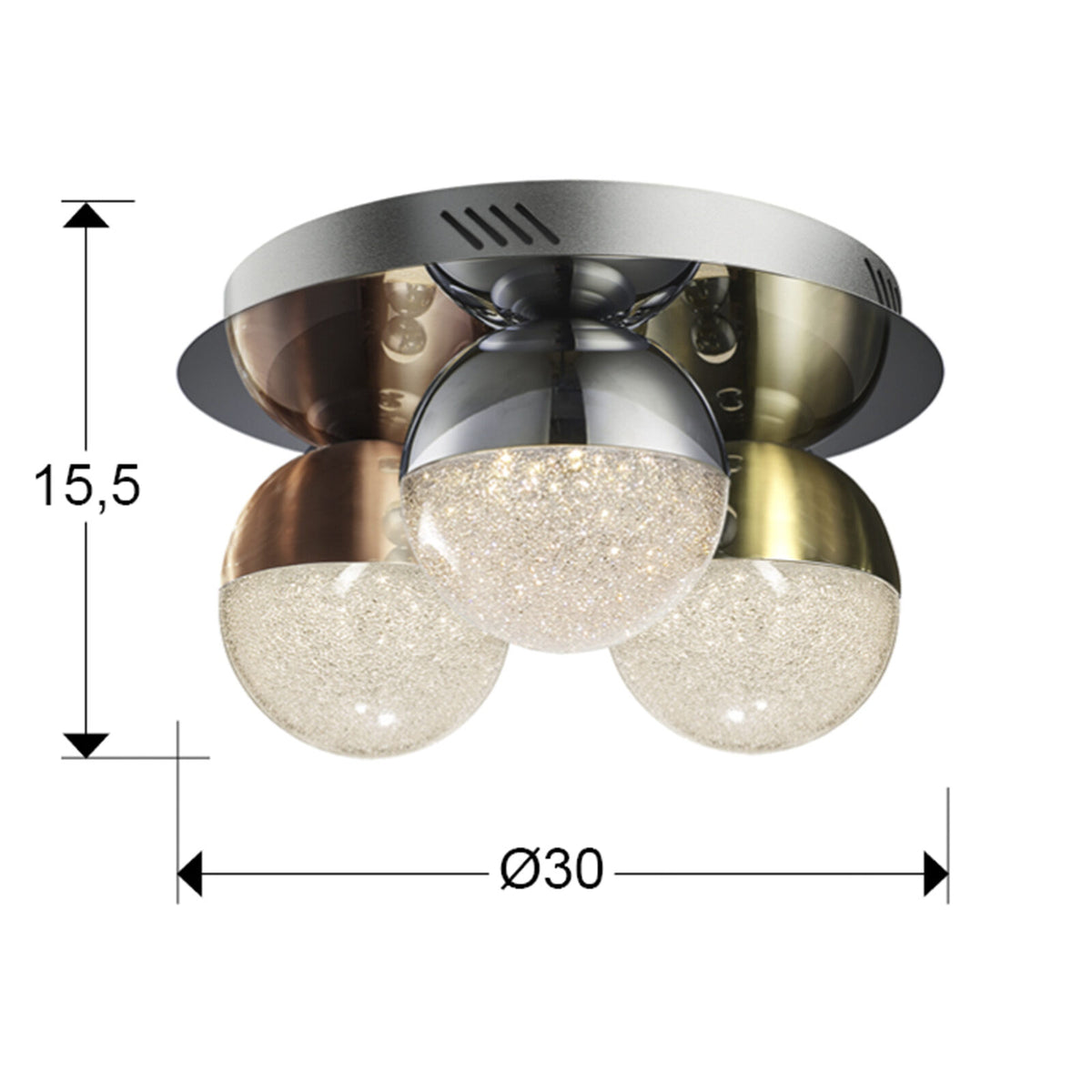 Plafón LED Sphere 3 luces cromo, latón y cobre Ø30 dimable - medidas