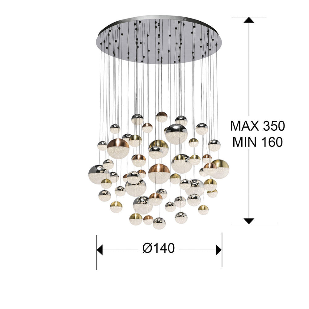 Lámpara de techo grande Sphere 55 luces Ø140 cobre latón y cromo - medidas