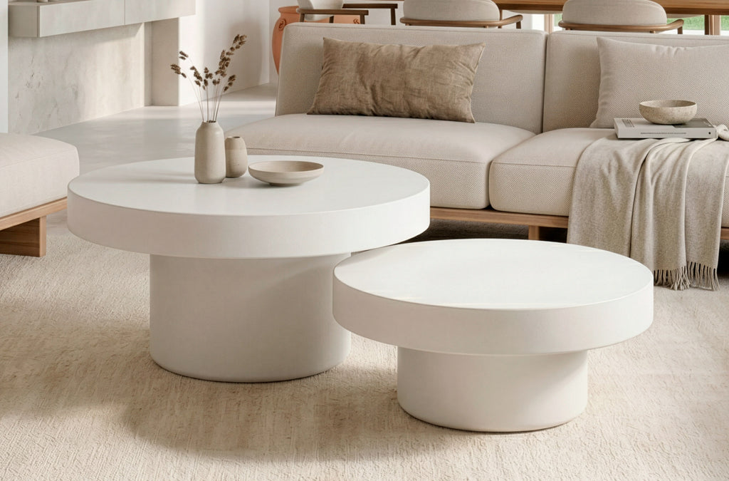 Mesa Baja Redonda Microcemento Blanco - 66 cm