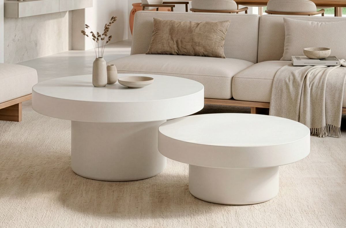 Mesa Baja Redonda Microcemento Blanco - 66 cm
