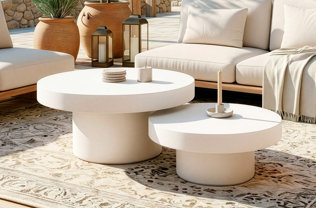 Mesa Baja Redonda Microcemento Blanco - 90 cm