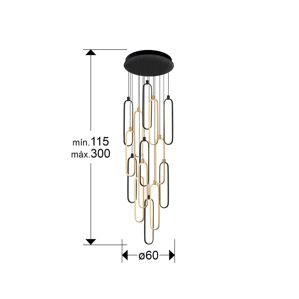 Lámpara de techo grande Colette 14 luces negro y oro rosa - medidas