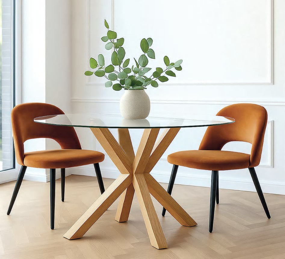 Mesa de comedor Milagro redonda de cristal templado y patas de madera