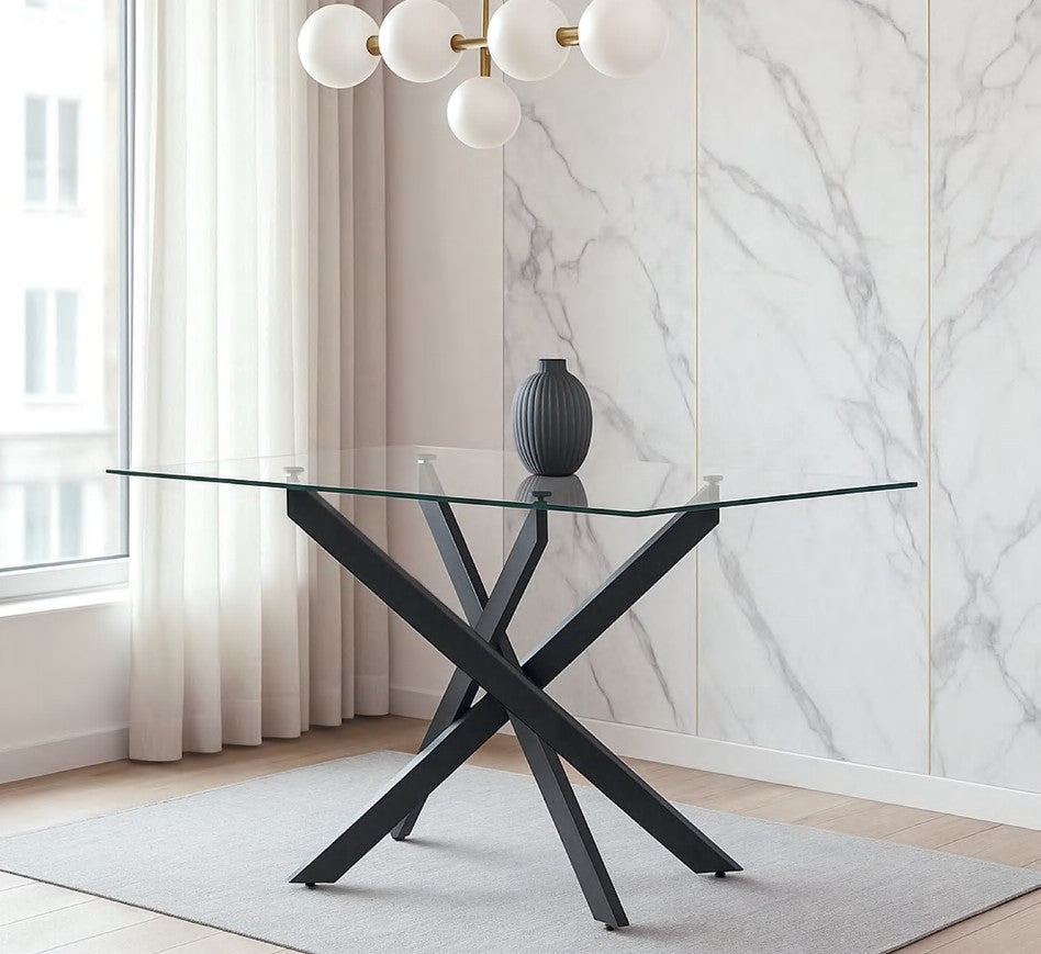 Mesa de comedor Marcilla rectangular de cristal biselado y patas curvas